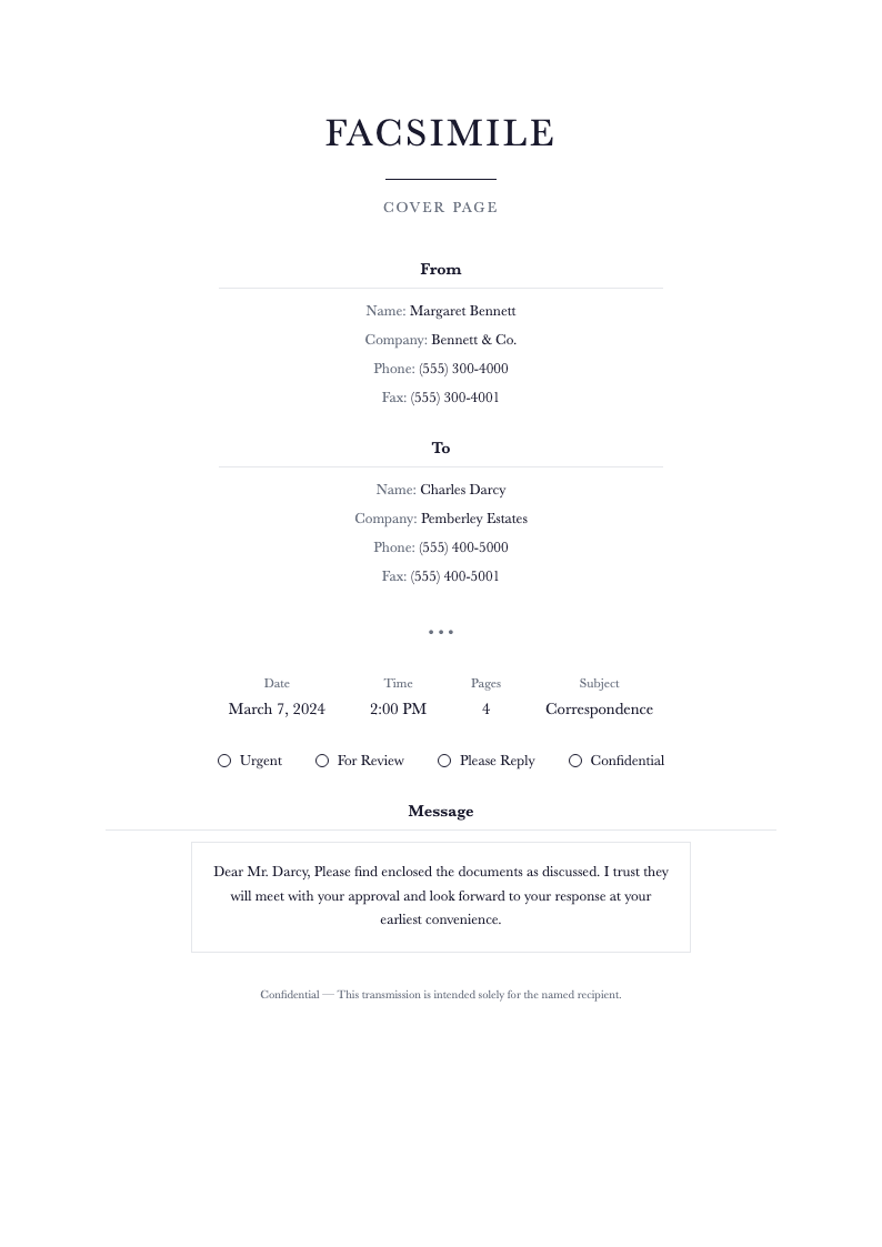 Centered classic fax cover page